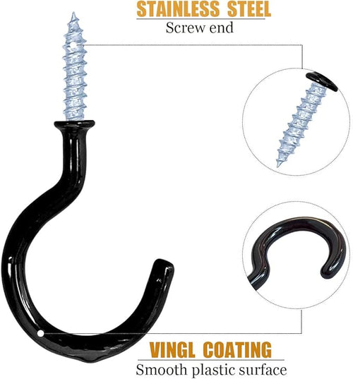 12 Pack Vinyl Coated Ceiling Hooks,Screw-in Mug Hooks,Multi-Function Wall Hooks Kitchen Hooks Cup Hooks for Indoors Outdoors (Black, 1-1/4 Inch)