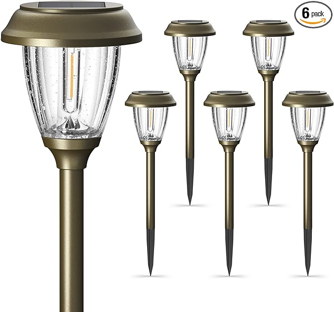 XMCOSY+ Solar Lights Outdoor 10/25 LM LED with 2 Lighting Modes, Solar Garden Lights Glass and Metal, IP65 Waterproof Solar Powered for Yard Pathway Walkway Driveway Patio (6 Pack, Warm White)