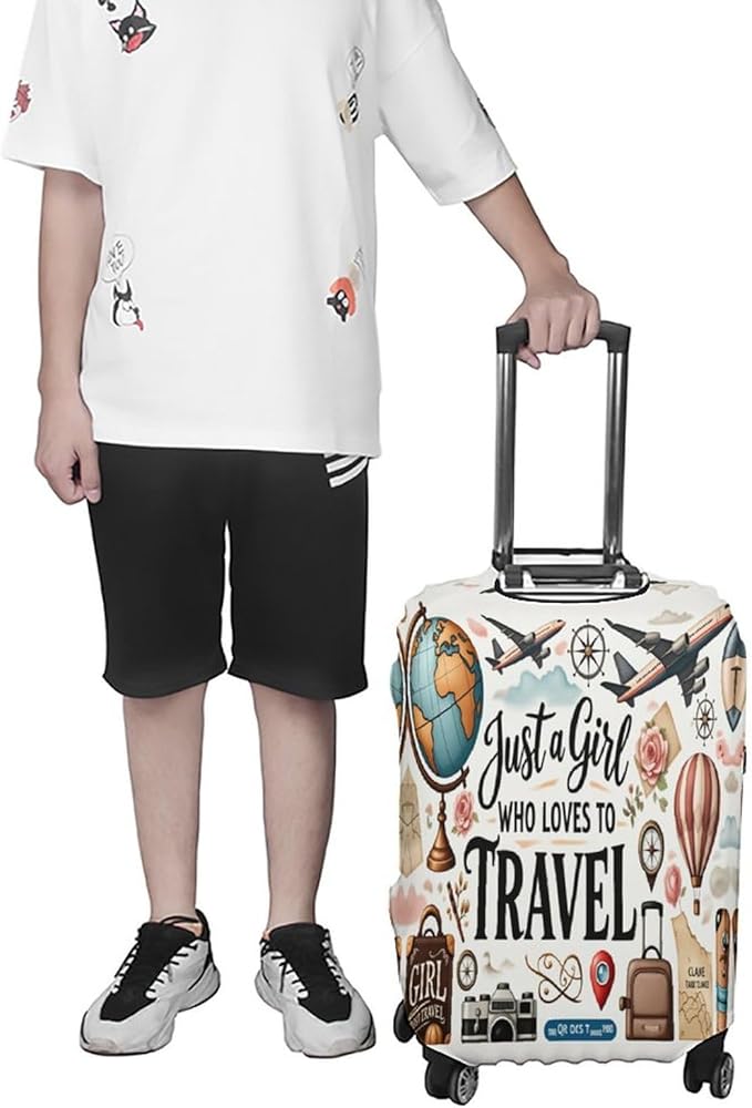 Travel Girl Adventure Globe Airplane Suitcase Camera Map Stretch Luggage Cover, Washable Suitcase Protector Fits 19-21in Cases, Secure Fit for Carry On Checked Bags, Travel Essentials