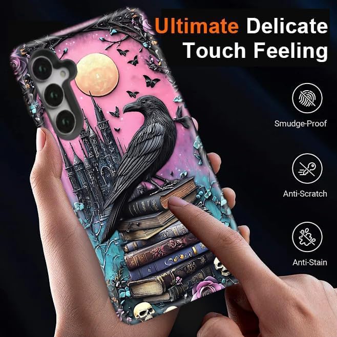 Compatible for Samsung Galaxy S26 Plus 5G Case, Dual Layer Heavy Duty 2 in 1 Shockproof Protective Phone Case,Black Raven Bird Rose Book Skulls