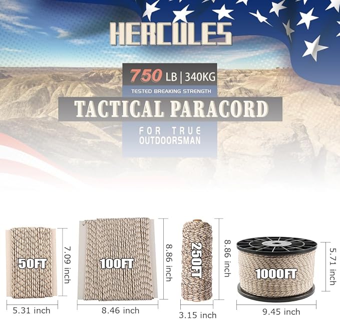 HERCULES 750lb Paracord 4mm 11 Strands Tactical Parachute Cord, 50' 100' 250' 1000' Utility Rope for Camping, Survival, Outdoor Gear (Desert Camo, 250FT)