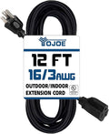 YOJOE Indoor Outdoor Extension Cord, 3 Prong 13A Weatherproof Power Cord, 16 Gauge Heavy Duty 12 ft Black Extension Cord for Garage, Garden and Home, 16/3 SJTW UL Listed