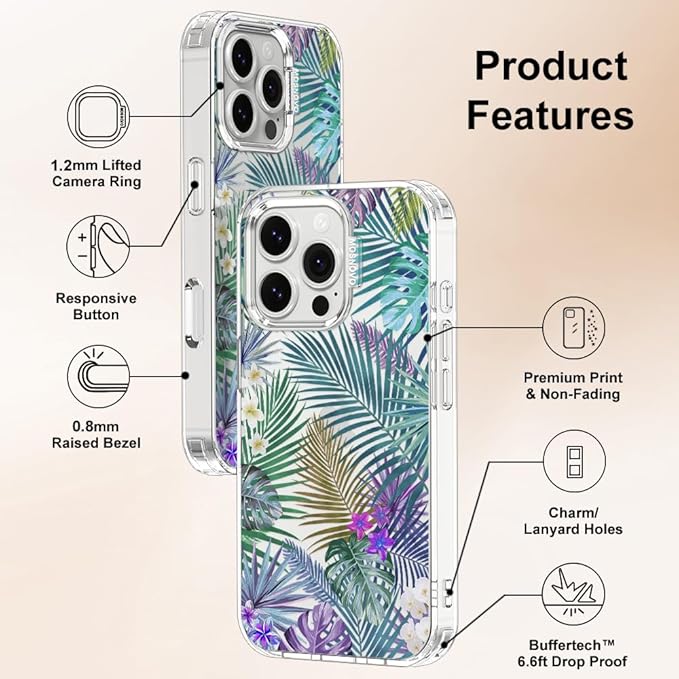 MOSNOVO Case for iPhone 16 Pro, [Buffertech 6.6ft Military-Grade Drop Protection] [Anti Peel Off Tech] Clear TPU Bumper Phone Case Cover Design - Tropical Rainforests