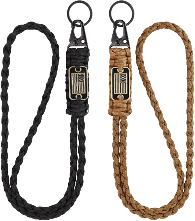 2pcs Heavy Duty Braided Paracord Lanyard Keychains with USA Flag, Parachute Rope Necklace for Outdoor Activities