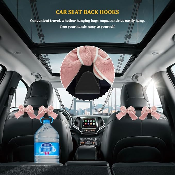 4PCS Car Hooks for Purses and Bags, Cute Bow Car Seat Headrest Hook, Car Accessories Multipurpose Portable Back Seat Hanger Storage Organize Universal Fit for Most Vehicles (4PCS-Pink Bowknot)