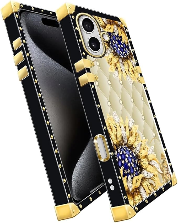 for iPhone 17 Case Luxury Golden Decoration for Girl Women Soft TPU Shockproof Protective Hard PC Back for iPhone 17 Crazy Pattern Sunflower Diamonds Leather