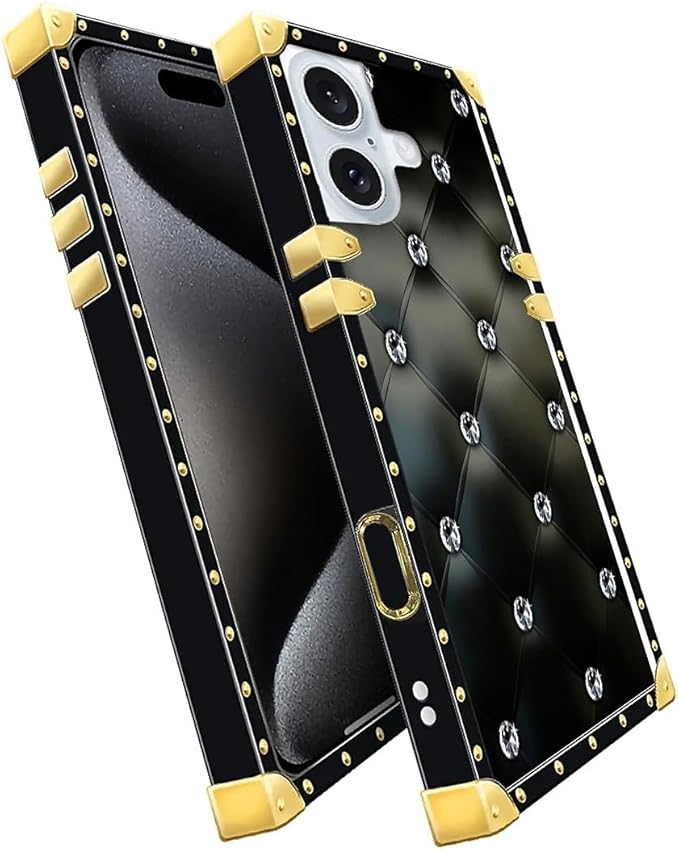 Compatible with iPhone 16 Plus Case, Shiny Black Sofa Crystal Luxury Golden Decoration for Girl Women Soft TPU Shockproof Protective Hard PC Back