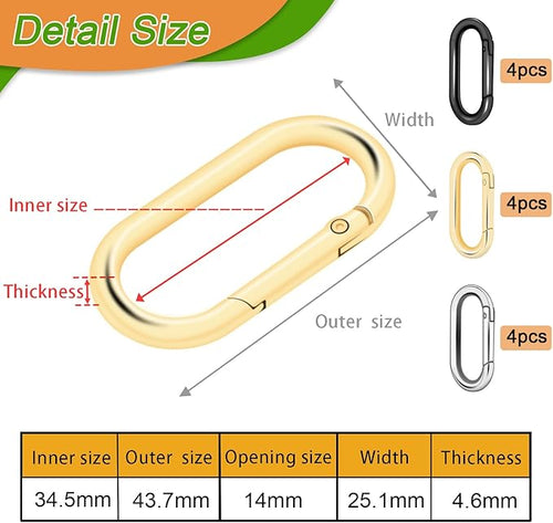 12Pack Large Oval Keyring, Metal Carabiner Spring Snap Hooks Clip for Paracord Keychain Lanyard, Car Key Rings, Pets Collar Buckles, Purse Keychain Replacement (Assorted)