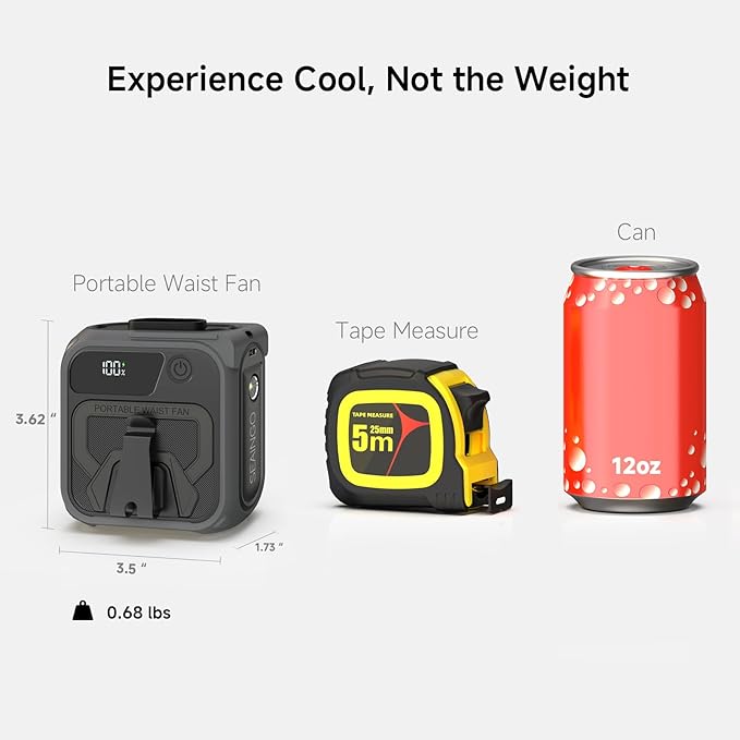 SEAINGO Portable Waist Fan Rechargeable – 10000mAh, 42 ft/s Max, 5 Speeds 16000RPM, Personal Cooling Wearable Clip Body Belt Shirt Fans, Hanging Neck Fan with Light for Camping Travel Outdoor Indoor