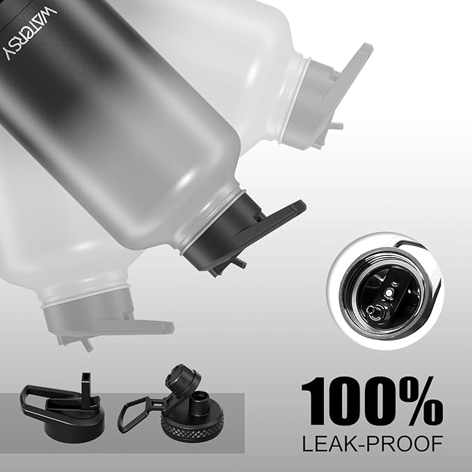 64oz Insulated Water Bottle (Cold for 48 Hrs),BPA Free&Leak Proof,Half Gallon Stainless Steel Water Flask,Water Jug with Straw Spout Lids for Gym,Hiking,Camping,Grey Black