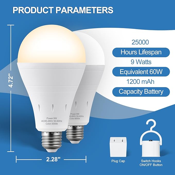 6 Pack Rechargeable Emergency Lights Blubs,Battery Powered Light Bulb 9W 60W Equivalent Backup Light Bulb with Portable Hook，4Pack WhiteLight Bulbs + 2Pack WarmLight Bulbs