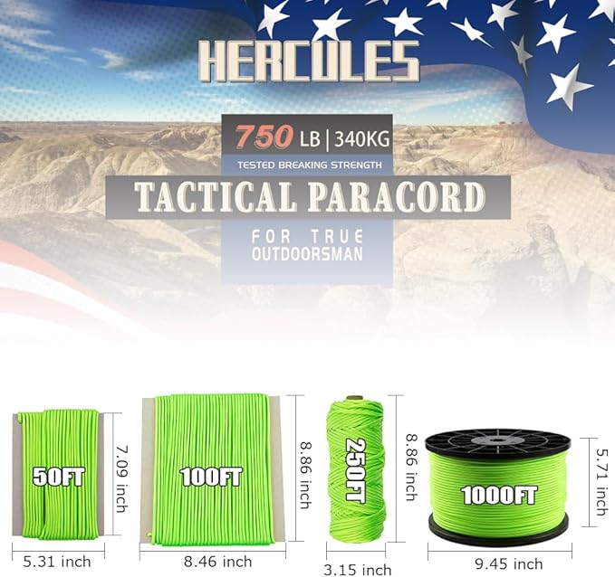 HERCULES 750lb Paracord 4mm 11 Strands Tactical Parachute Cord, 50' 100' 250' 1000' Utility Rope for Camping, Survival, Outdoor Gear (Neon Green, 1000FT)