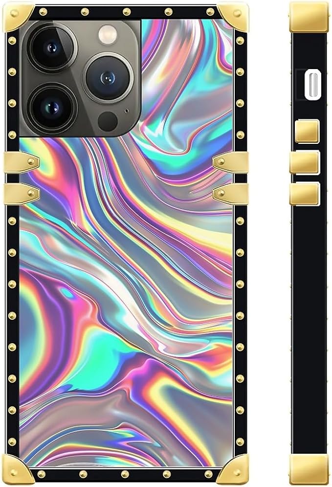 Compatible with iPhone 15 Pro Case, Holographic Abstract Iridescent Textures Luxury Golden Decoration for Girl Women Soft TPU Shockproof Protective Hard PC Back for iPhone 15 Pro