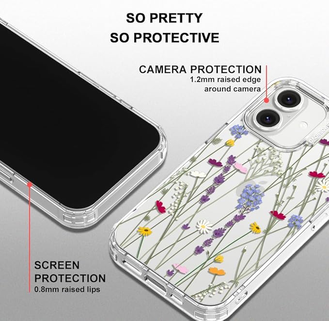 MOSNOVO Case for iPhone 16, [Buffertech 6.6ft Military-Grade Drop Protection] [Anti Peel Off Tech] Clear TPU Bumper Phone Case Cover Design - Floral Garden