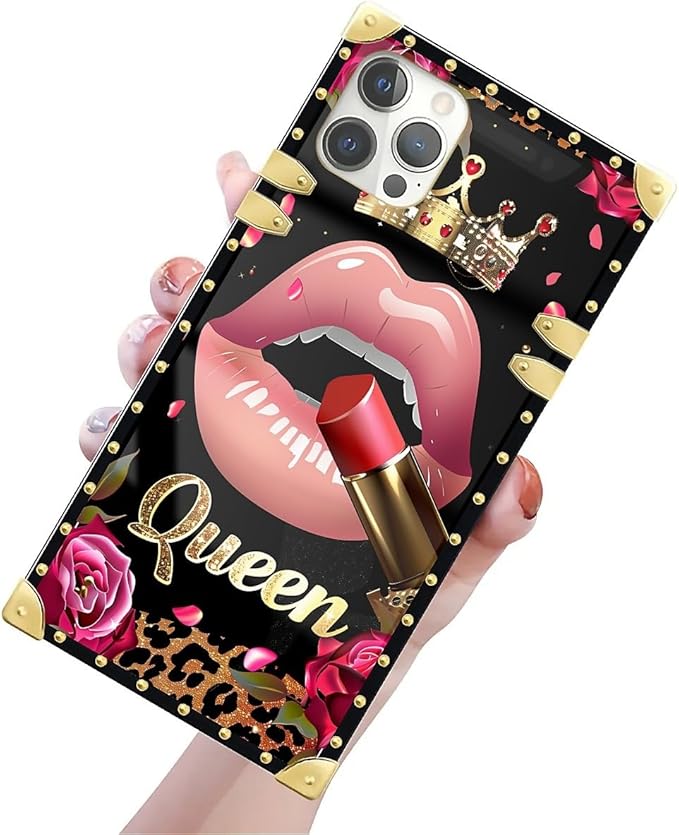 Compatible with iPhone 12 Case, Glitter Red Rose Queen Leopard Lipstick Luxury Golden Decoration for Girl Women Soft TPU Shockproof Protective Hard PC Back for iPhone 12 Pro