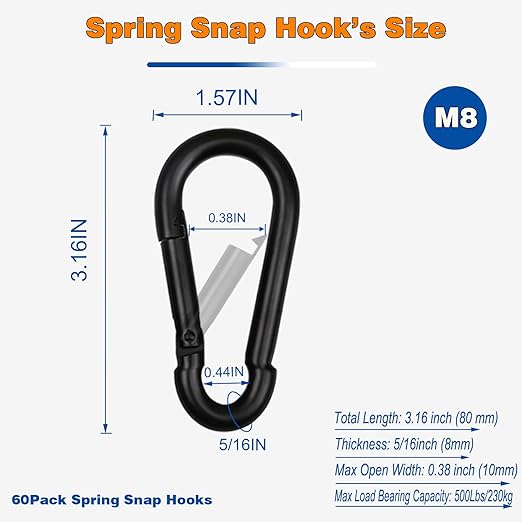 40PCS M8 Heavy Duty Carabiner Clip, 3Inch Snap Hook Quick Link Small Carabiner Clips,Spring Link Buckle for Fishing Camping Hammock Dog Leashes-550LBS Holding Capacity (Black)
