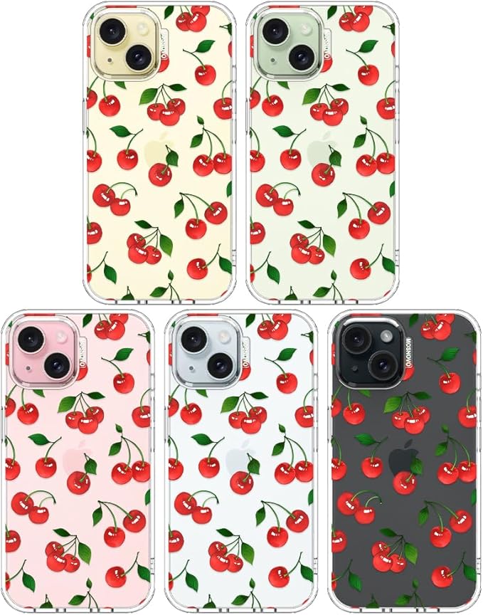 MOSNOVO Case for iPhone 15, [Buffertech 6.6ft Military-Grade Drop Protection] [Anti Peel Off Tech] Clear TPU Bumper Phone Case Cover Design - Cute Cherry