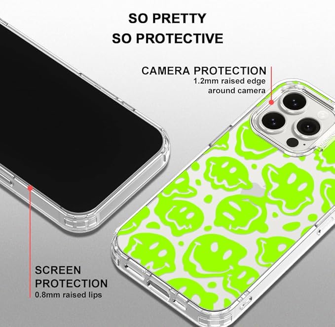 MOSNOVO Case for iPhone 15 Pro Max, [Buffertech 6.6ft Military-Grade Drop Protection] [Anti Peel Off Tech] Clear TPU Bumper Phone Case Cover Design - Distorted Green Smiles Face