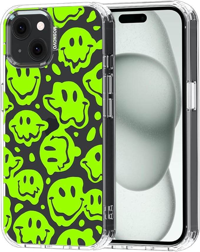 MOSNOVO Case for iPhone 15, [Buffertech 6.6ft Military-Grade Drop Protection] [Anti Peel Off Tech] Clear TPU Bumper Phone Case Cover Design - Distorted Green Smiles Face