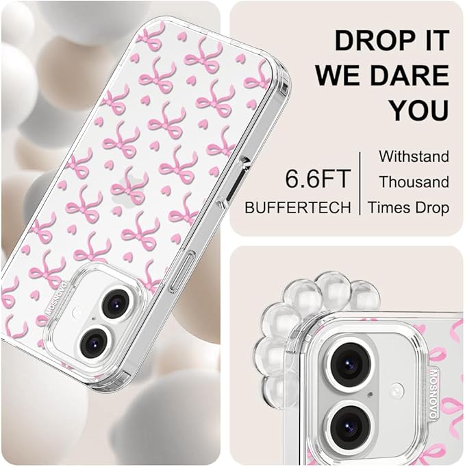 MOSNOVO Case for iPhone 16, [Buffertech 6.6ft Military-Grade Drop Protection] [Anti Peel Off Tech] Clear TPU Bumper Phone Case Cover Design - Bowtiful Love
