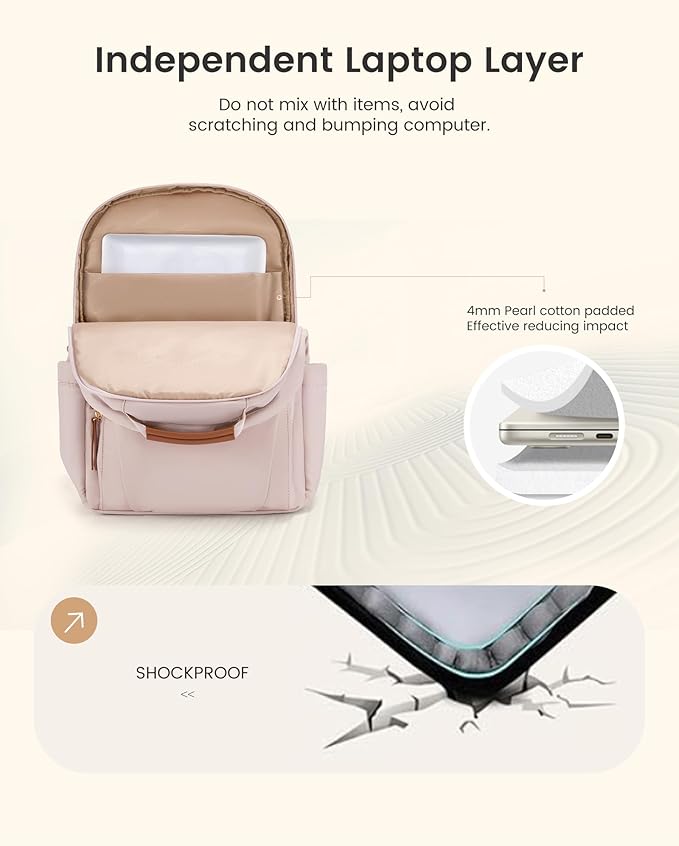 LOVEVOOK Laptop Backpack for Women with Leather Trim & Tumbler Pockets, 15.6" Work Backpack Purse, Travel Personal Item Bag, Carry On Business Computer Bag for Office, School, or Gift, Soft Taupe