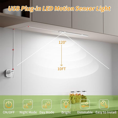 14" Slim USB Plug-in LED Motion Sensor Light Indoor, Bright & Dimmable Under Cabinet Light - 3 Modes (ON/Night/Day) for Kitchen, Cabinet, Closet - 6000K Cool White, 1 Pack (Standalone)