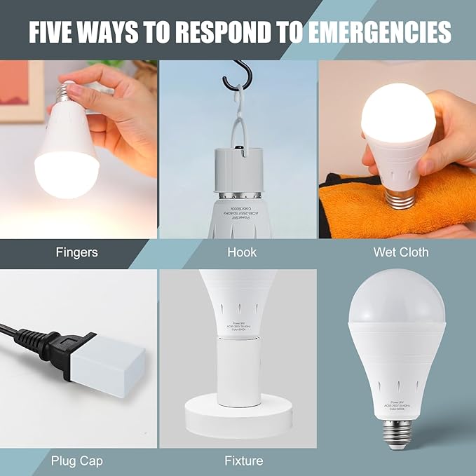 6Pack Rechargeable Emergency Light Bulb, A19 9W Daylight 6000K Self-Charging LED Light Bulb,1200mAh Battery Backup Light Bulbs for Daily,Home Emergency,Outdoor Portable Use