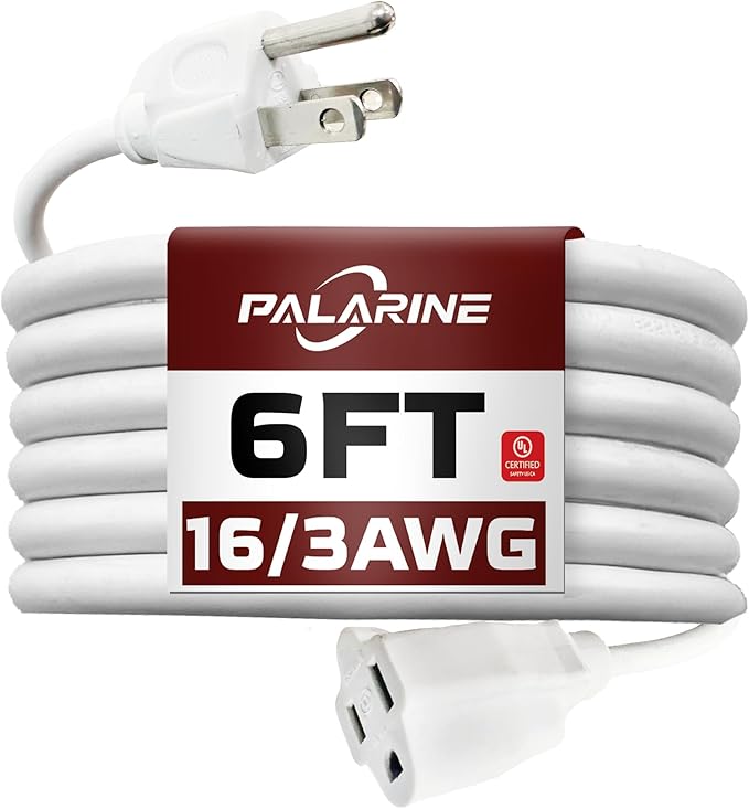 6ft White Outdoor Extension Cord Waterproof, UL Listed, 16/3 SJTW Heavy Duty 3 Prong, 16 Gauge 13A Power Cord Ideal for Indoor Outdoor Lights, Appliances, and Lawn