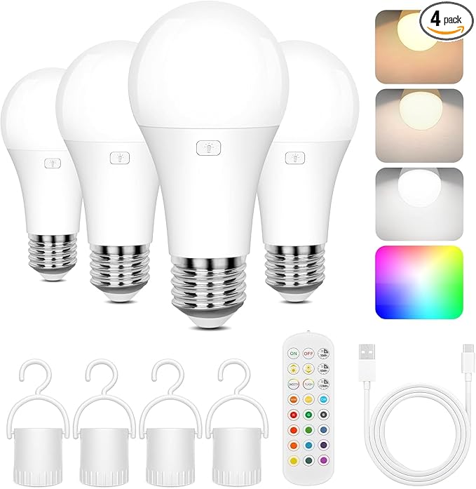 Rechargeable Battery Operated A19 Light Bulbs with Remote, Dimmable Detachable Battery Powered LED Bulb with 15 Colors Shift & Timer, Cordless Emergency Bulb for Wall Sconce, Non-Hardwired, 4-Pack