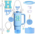 9pcs Stanley Cup Accessories Set- for 30oz 40oz Tumblers with Handle - Bule Kit Includes Bow Straw Topper and Boot, Charm, Pearl Handle Strap & Stickers - Aesthetic Girl Gifts (H)