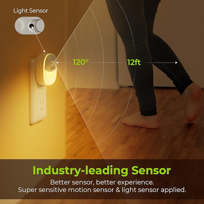 AUVON Plug in Night Light with Motion Sensor and Dusk to Dawn Sensor, Mini Warm White LED Nightlight with 1-50 lm Adjustable Brightness for Bathroom, Hallway, Stairs, Bedroom, Kitchen, 4 Packs