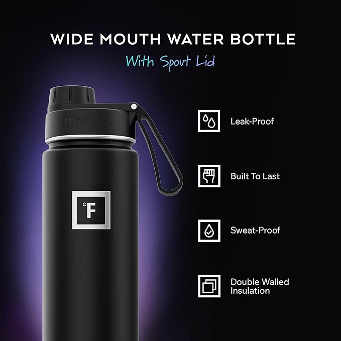 IRON °FLASK Camping & Hiking Hydration Flask with Spout, Wide Mouth Insulated Stainless Steel Sports Water Bottle - Dark Rainbow 24 oz - Spout (1 Lid)