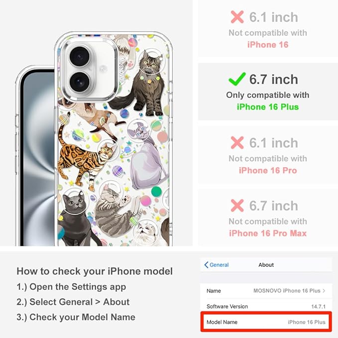 MOSNOVO Case for iPhone 16, [Buffertech 6.6ft Military-Grade Drop Protection] [Anti Peel Off Tech] Clear TPU Bumper Phone Case Cover Design - Space Cat