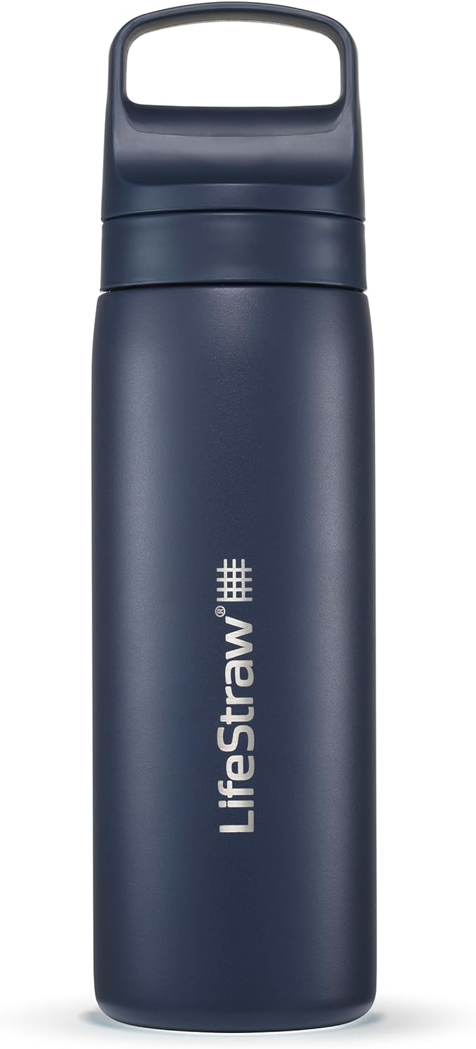 LifeStraw Go Series – Insulated Stainless Steel Water Filter Bottle for Travel and Everyday Use, Removes Bacteria, Parasites and Microplastics, Improves Taste, 18oz Aegean Sea