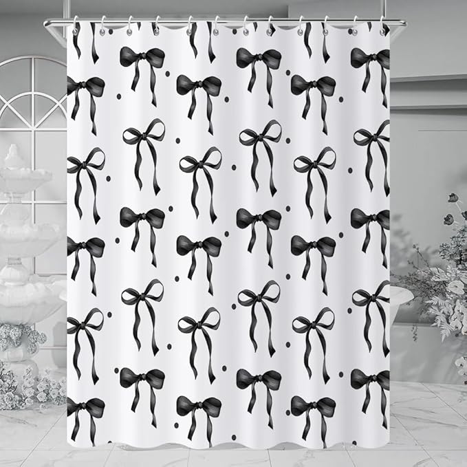 Black Bow Shower Curtain, Black and White Modern Aesthetic Bowknot with Polka Dot Cute Girly Bathroom Curtain Waterproof Fabric Machine Washable with Hooks, 72" Wx96 L