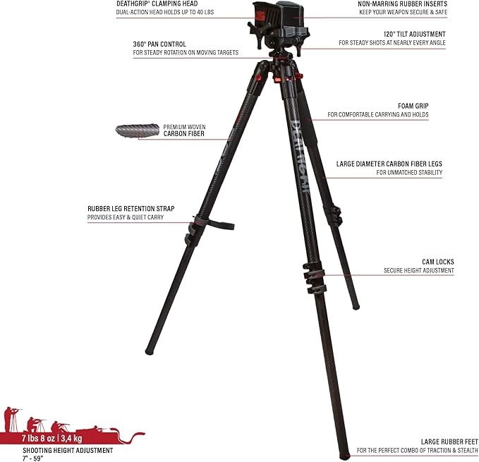 BOG DeathGrip Aluminum Tripod with Durable Frame, Lightweight, Stable Design, Bubble Level, Adjustable Legs, Shooting Rest, and Hands-Free Operation for Hunting, Shooting, and Outdoors