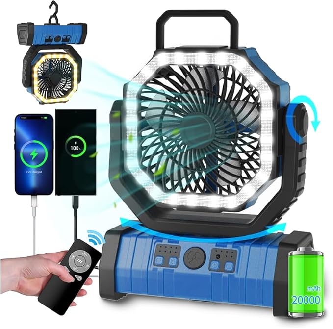 ADUST Camping Fan Battery Operated Powered Fan with LED Lantern Light 20000mAh Rechargeable Portable Oscillating, 360° Rotation Hanging Hook for Tents, Cordless USB Desk Fan(Blue)
