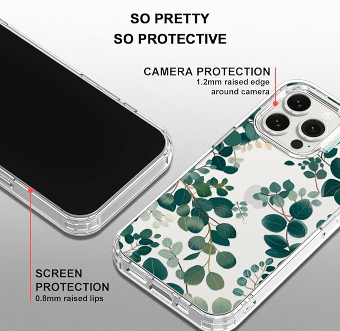 MOSNOVO Case for iPhone 15 Pro Max, [Buffertech 6.6ft Military-Grade Drop Protection] [Anti Peel Off Tech] Clear TPU Bumper Phone Case Cover Design - Eucalyptus