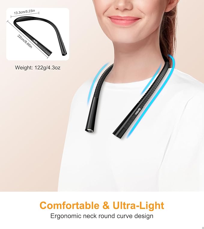 Gritin Book Light, Eye Caring 4-Color & 5-Brightness Neck Light Reading Light- Stepless Dimming,30-min Timer,80+ Hrs Runtime,Bendable Round Neck Design, Lightweight for Reading-Black