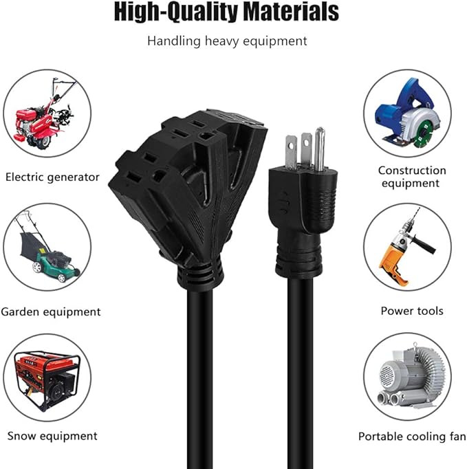 10FT 12/3 Outdoor Extension Cord, Heavy Duty 3-Outlet SJTW Indoor/Outdoor Three-Prong Power-Cord 12-Gauge Grounded 15-Amp 1875 Watts