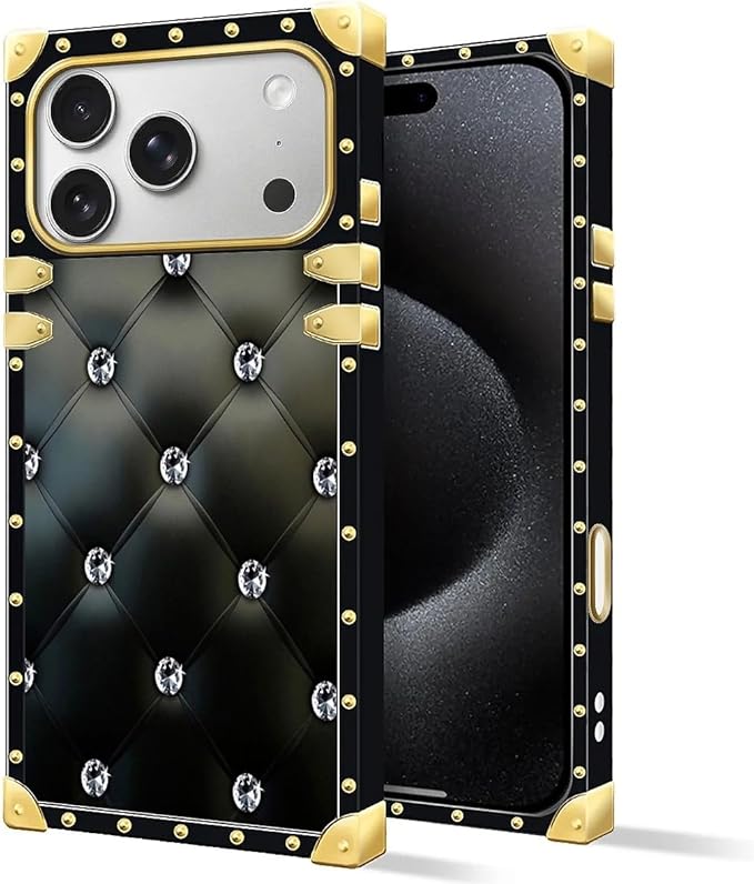 for iPhone 17 Pro Max Case Luxury Golden Decoration for Girl Women Soft TPU Shockproof Protective Hard PC Back for iPhone 17 Pro Max Crazy Pattern Shiny Black Sofa Crystal