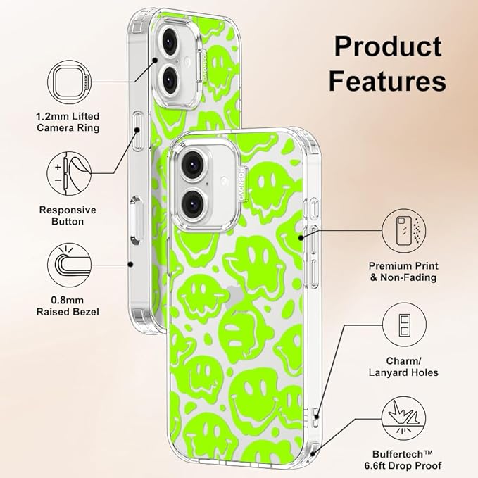 MOSNOVO Case for iPhone 16 Plus, [Buffertech 6.6ft Military-Grade Drop Protection] [Anti Peel Off Tech] Clear TPU Bumper Phone Case Cover Design - Distorted Green Smiles Face