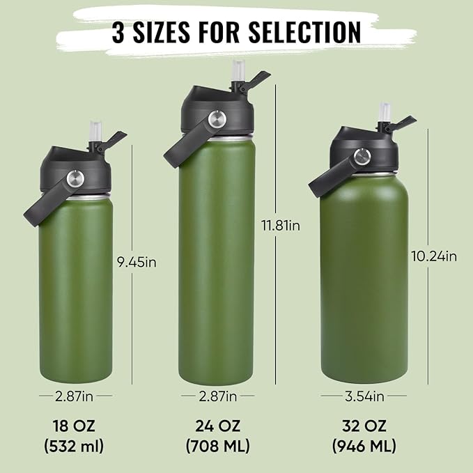 Fijinhom 24oz Insulated Stainless Steel Water Bottle, Wide Mouth Double Wall Vacuum, Silicone Straw, Sweat & Leak Proof, BPA Free Insulated Water Flask for Travel, Keep Cold 24h Hot 12h, Green
