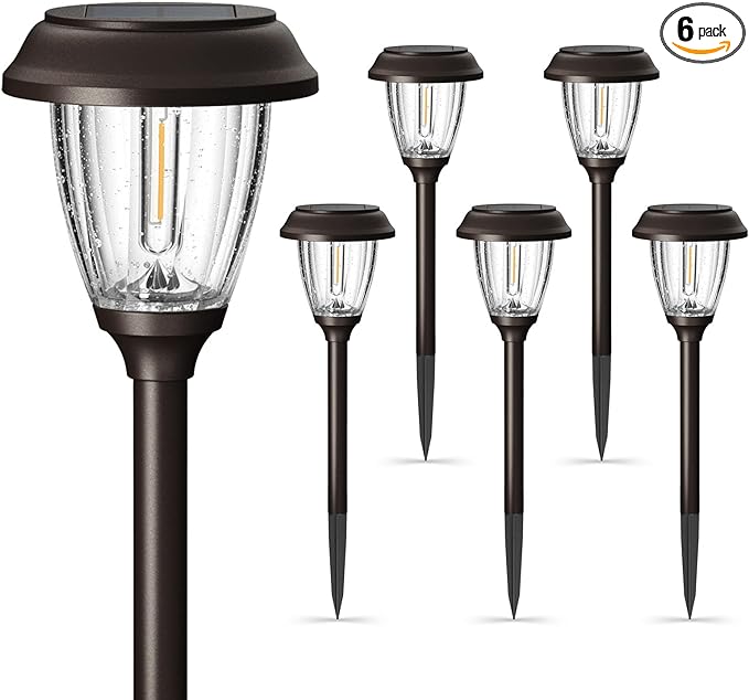 XMCOSY+ Solar Pathway Lights Outdoor, Glass & Stainless Steel Garden Lights with 2 Lighting Modes (10/25 LM), IP65 Waterproof, Warm White for Yard, Walkway, Driveway, Patio & Path (6 Pack)