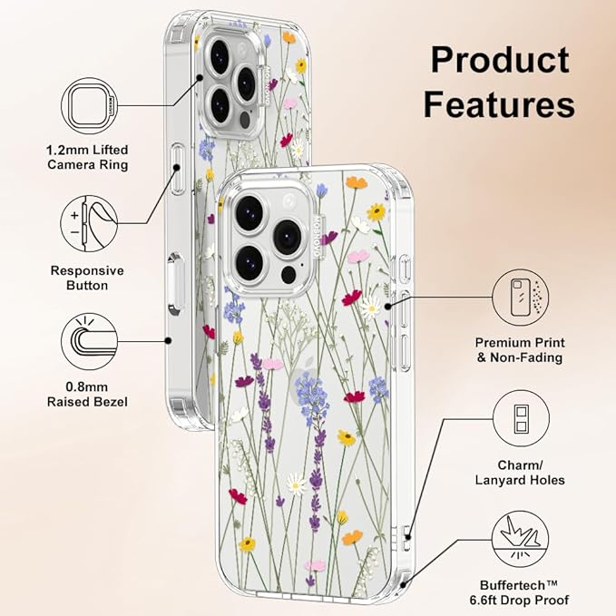 MOSNOVO Case for iPhone 16 Pro Max, [Buffertech 6.6ft Military-Grade Drop Protection] [Anti Peel Off Tech] Clear TPU Bumper Phone Case Cover Design - Floral Garden