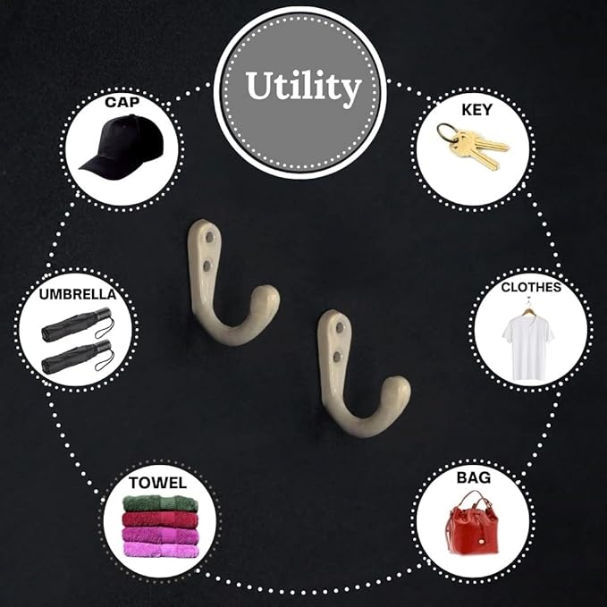 FAPBADRI Multipurpose Hooks, Used to Hang Clothes, Bags, Coats, Curtain Hold Backs, Keys, Colour - Ivory, Material - Aluminium, Screws and Wallplugs Included, Pack of 4 Pieces