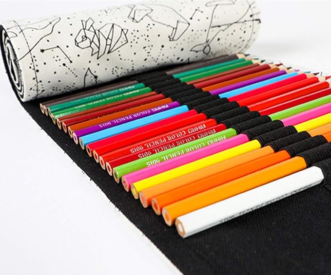 Funny live 24/36/48/72 Slots Colored Pencil Wrap Roll up Pen Holder Case Drawing Coloring Pencil Roll Organizer Stationery Case for Student Artist Traveler (Abstract Lines, 72 Slots)