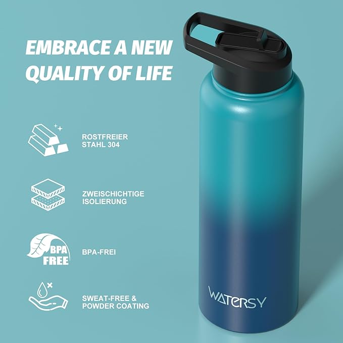 40oz Insulated Water Bottle (Cold for 48 Hrs),BPA Free&Leak Proof,Stainless Steel Water Flask,Water Jug with Straw Spout Lids for Gym,Hiking,Travel,Gradient Blue