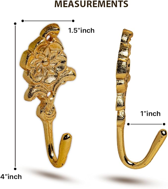 FAPBADRI Multipurpose Hooks, Used to Hang Clothes, Bags, Coats, Curtain Hold Backs, Keys, Colour - Full Gold, Material - Brass, Flower Design, Screws and Wallplugs Included, Pack of 4 Pieces