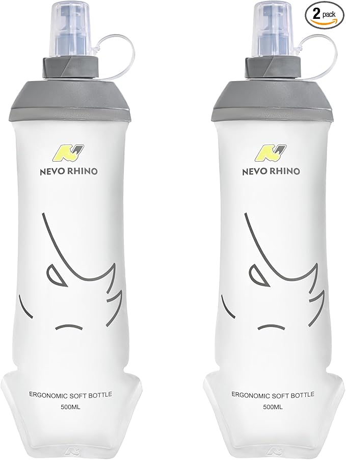 N NEVO RHINO 2PCS Soft Flask, 17oz/500ml TPU Running Water Bottle for Hydration Vests and Running Packs, Leak-proof BPA-Free Collapsible Water Bottles for Running, Hiking, Cycling, Climbing